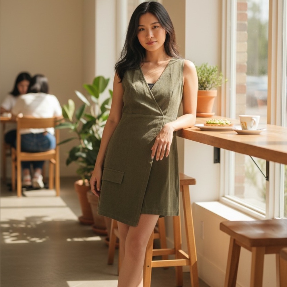 Cupshe Olive Green Corduroy Romper Dress Sz L NWT | Sleeveless Surplice Wrap